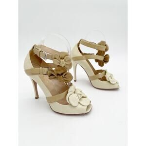 Prada Cream Beige Leather Floral Flower Appliqué Strappy Open Toe Heels IT 37